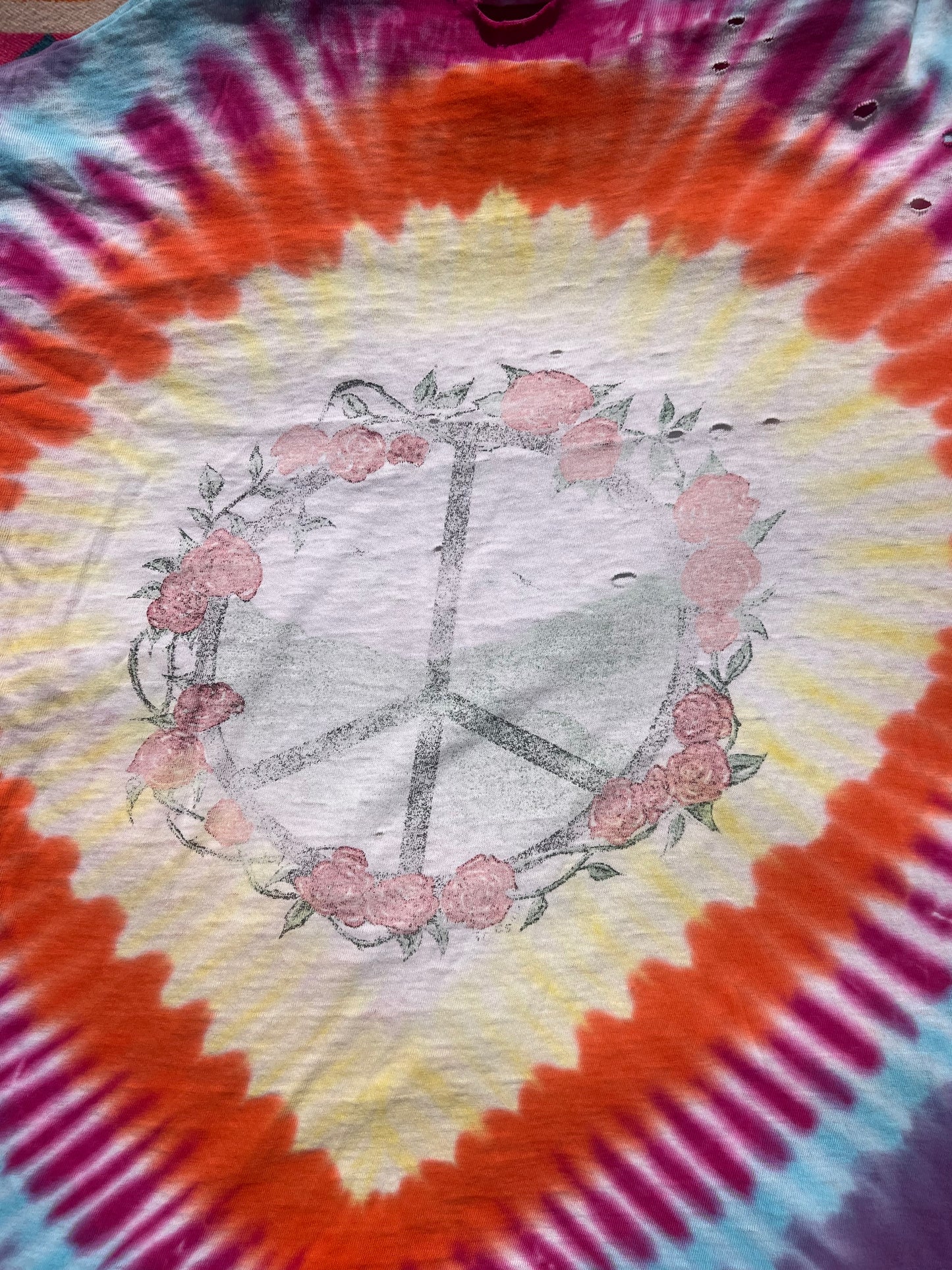 Vintage 1986 Alice in Wonderland Tie Dye with rose covered Peace sign shirt