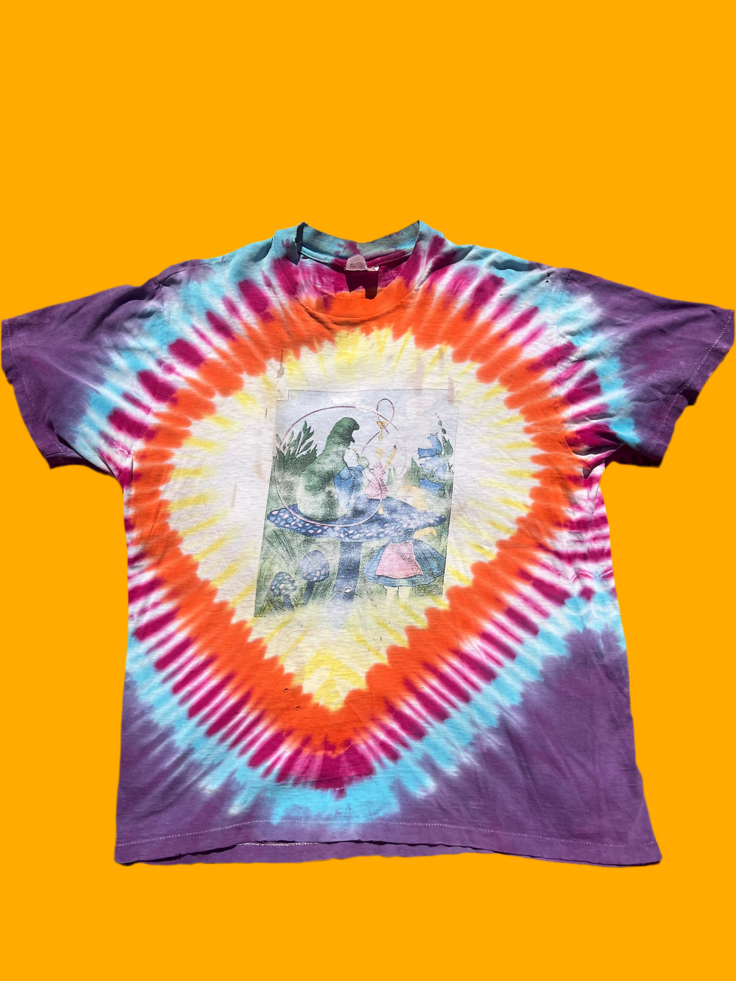 Vintage 1986 Alice in Wonderland Tie Dye with rose covered Peace sign shirt