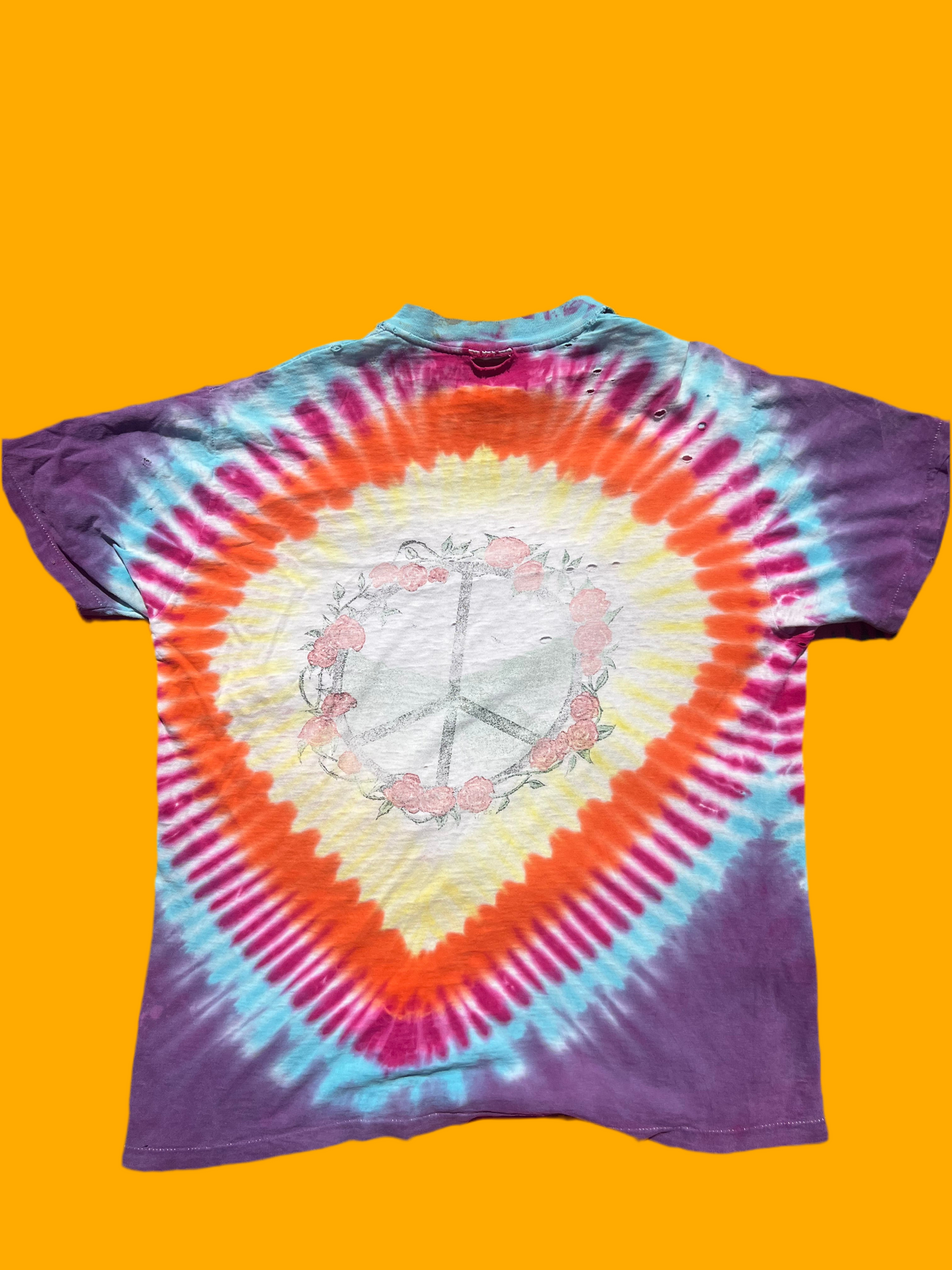 Vintage 1986 Alice in Wonderland Tie Dye with rose covered Peace sign shirt