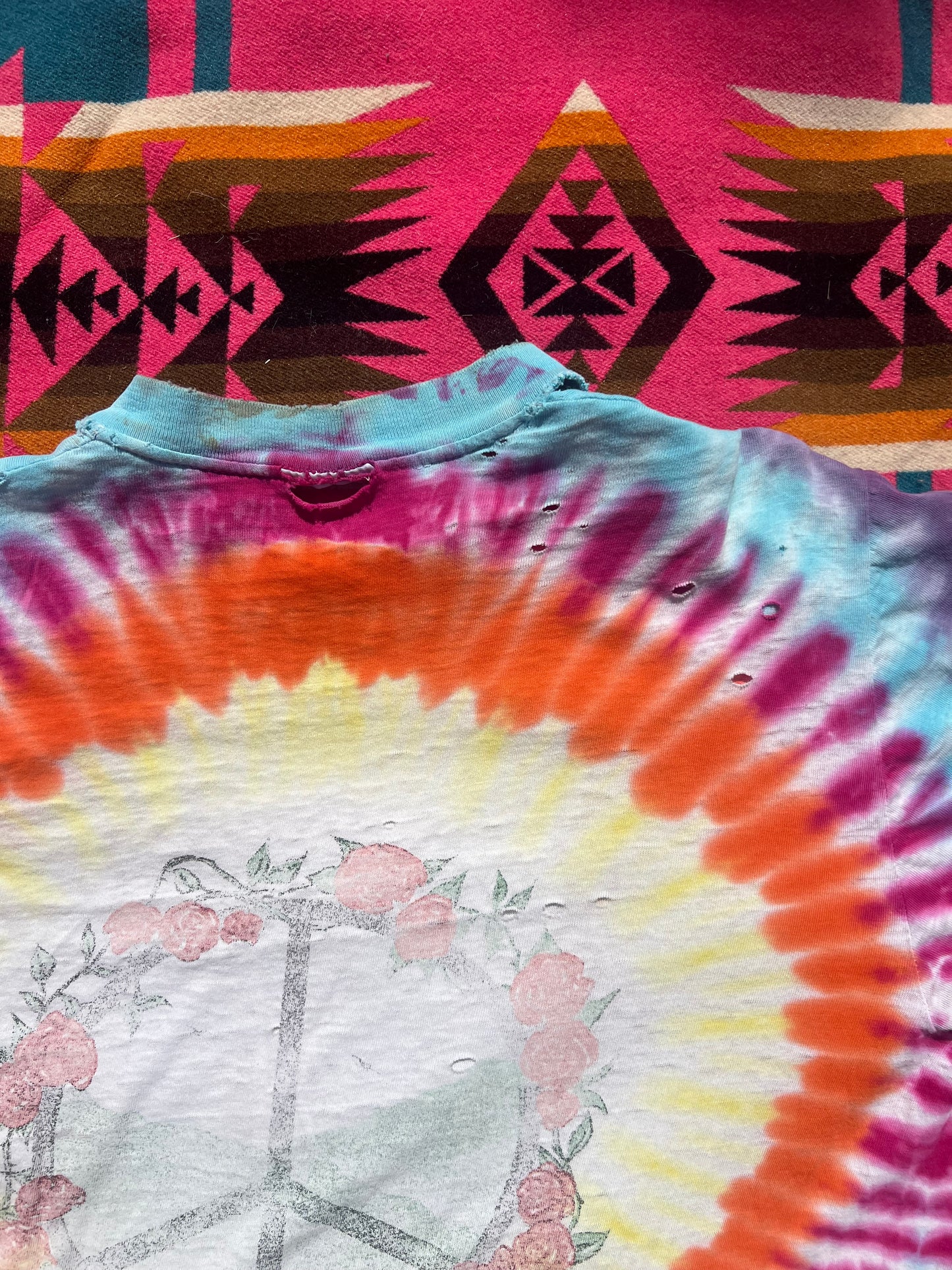 Vintage 1986 Alice in Wonderland Tie Dye with rose covered Peace sign shirt