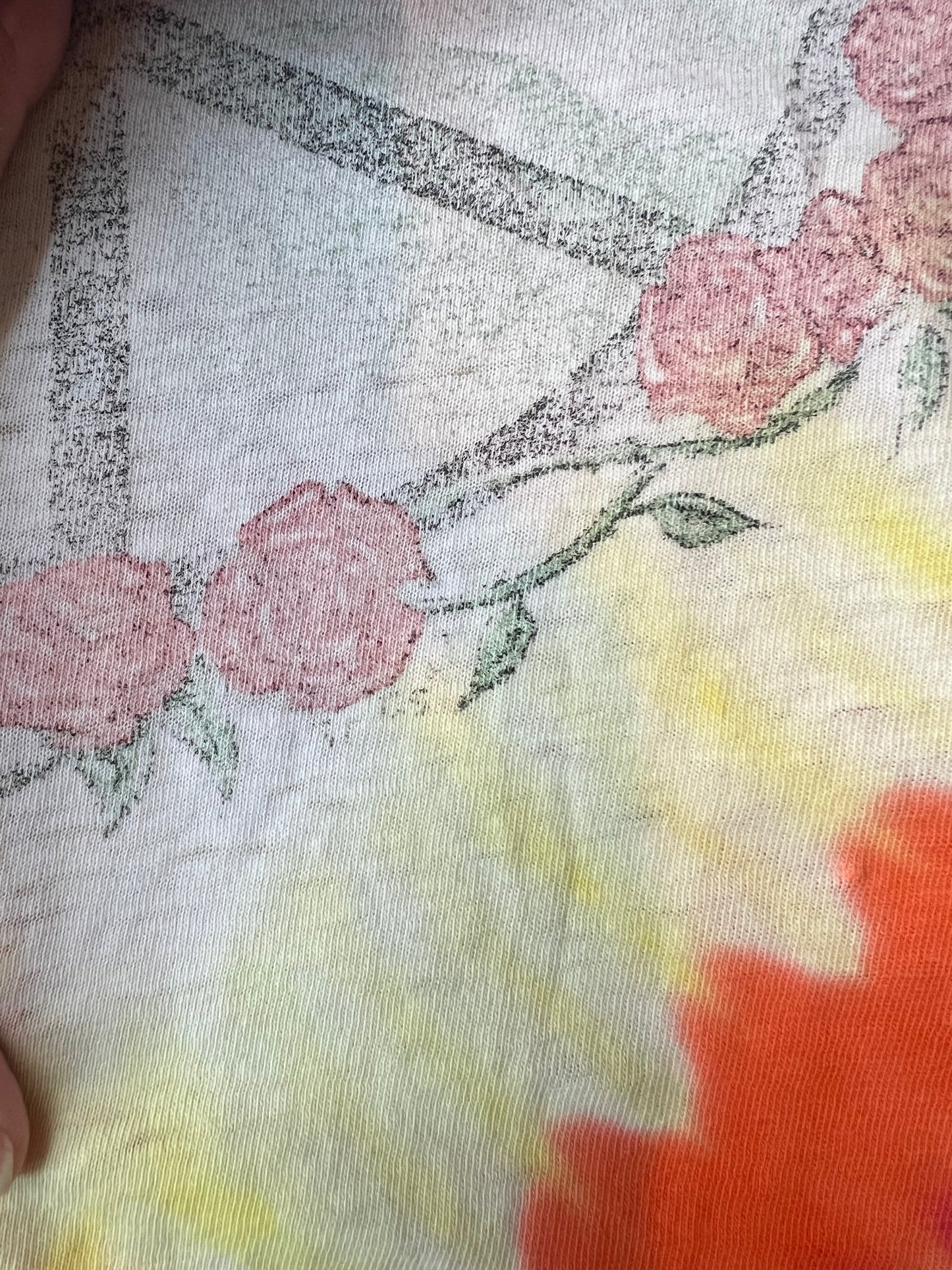 Vintage 1986 Alice in Wonderland Tie Dye with rose covered Peace sign shirt