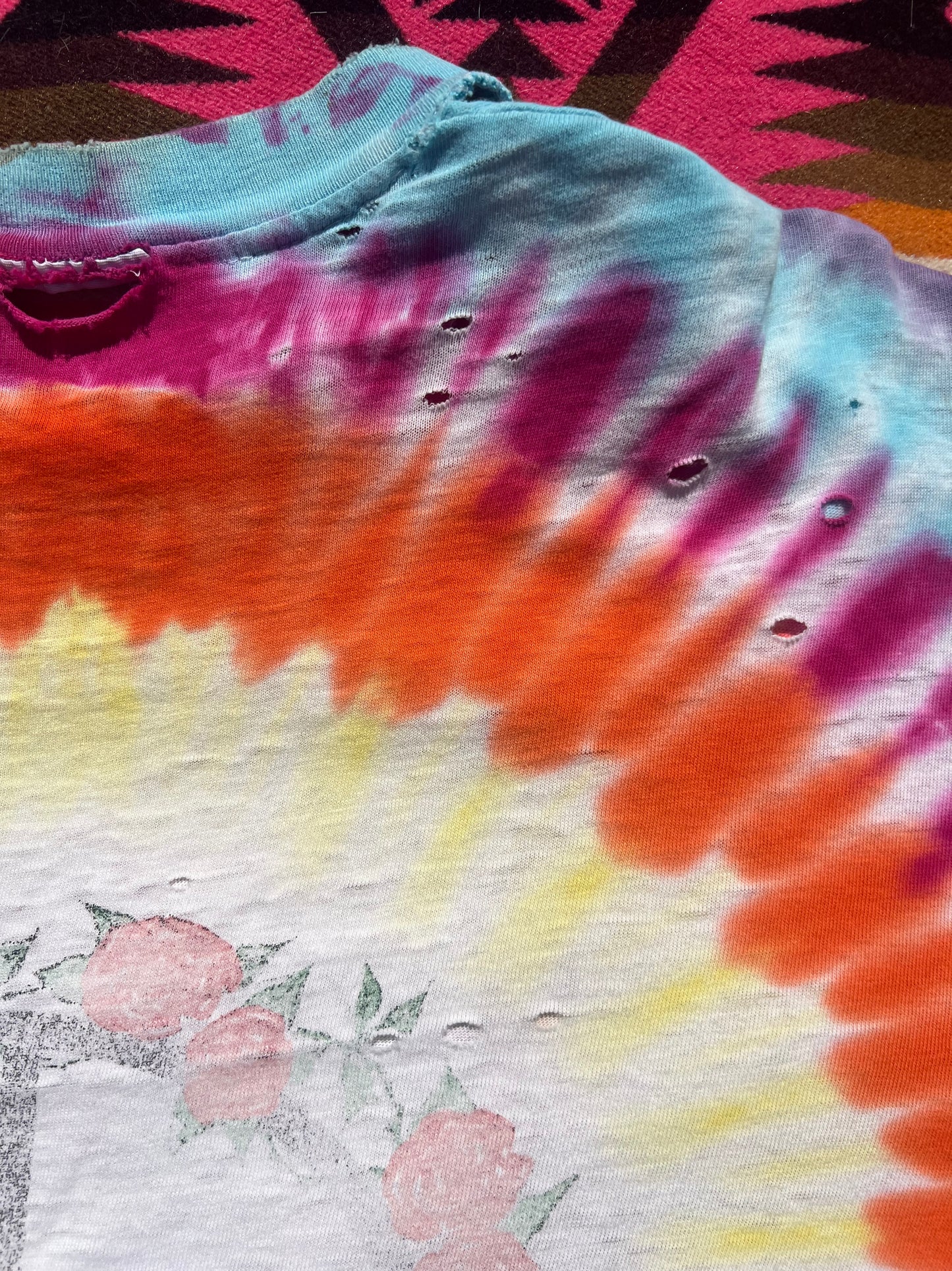 Vintage 1986 Alice in Wonderland Tie Dye with rose covered Peace sign shirt