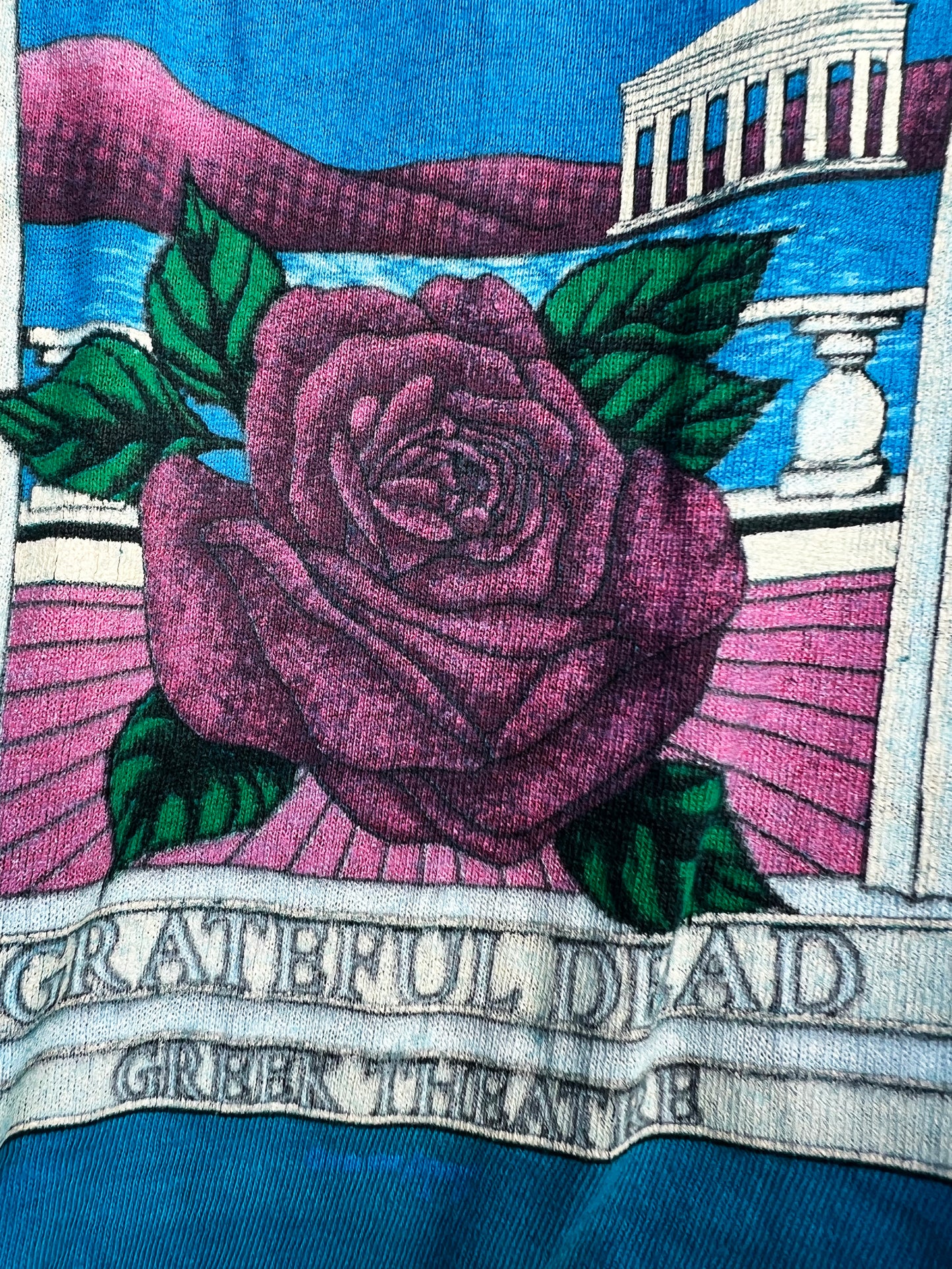 Vintage 80's Grateful Dead Greek Theatre "temple, rose, moon"  turquoise short sleeve shirt