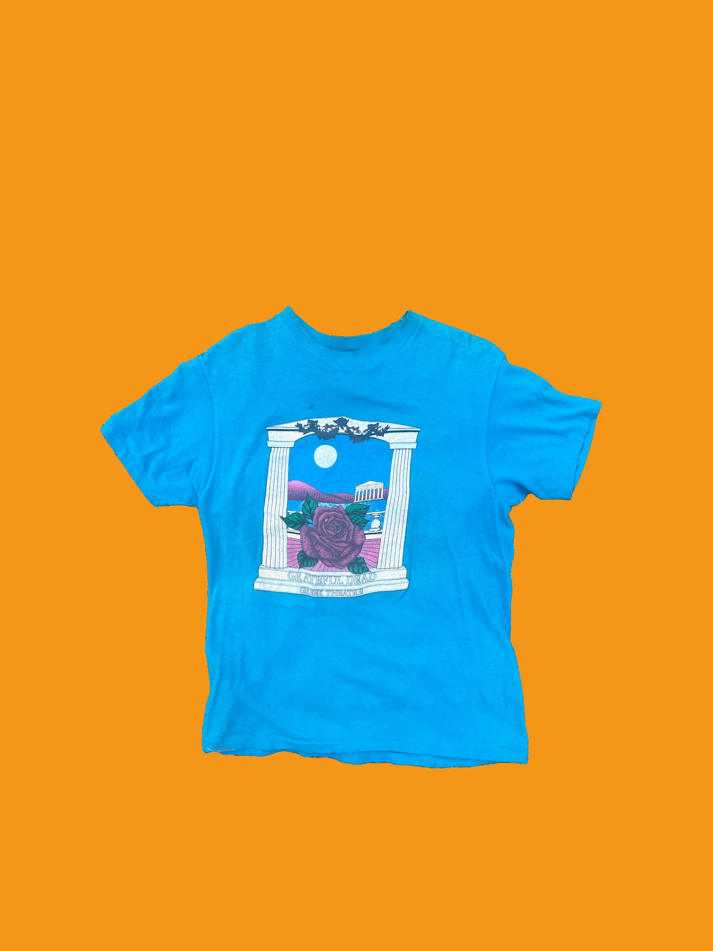 Vintage 80's Grateful Dead Greek Theatre "temple, rose, moon"  turquoise short sleeve shirt