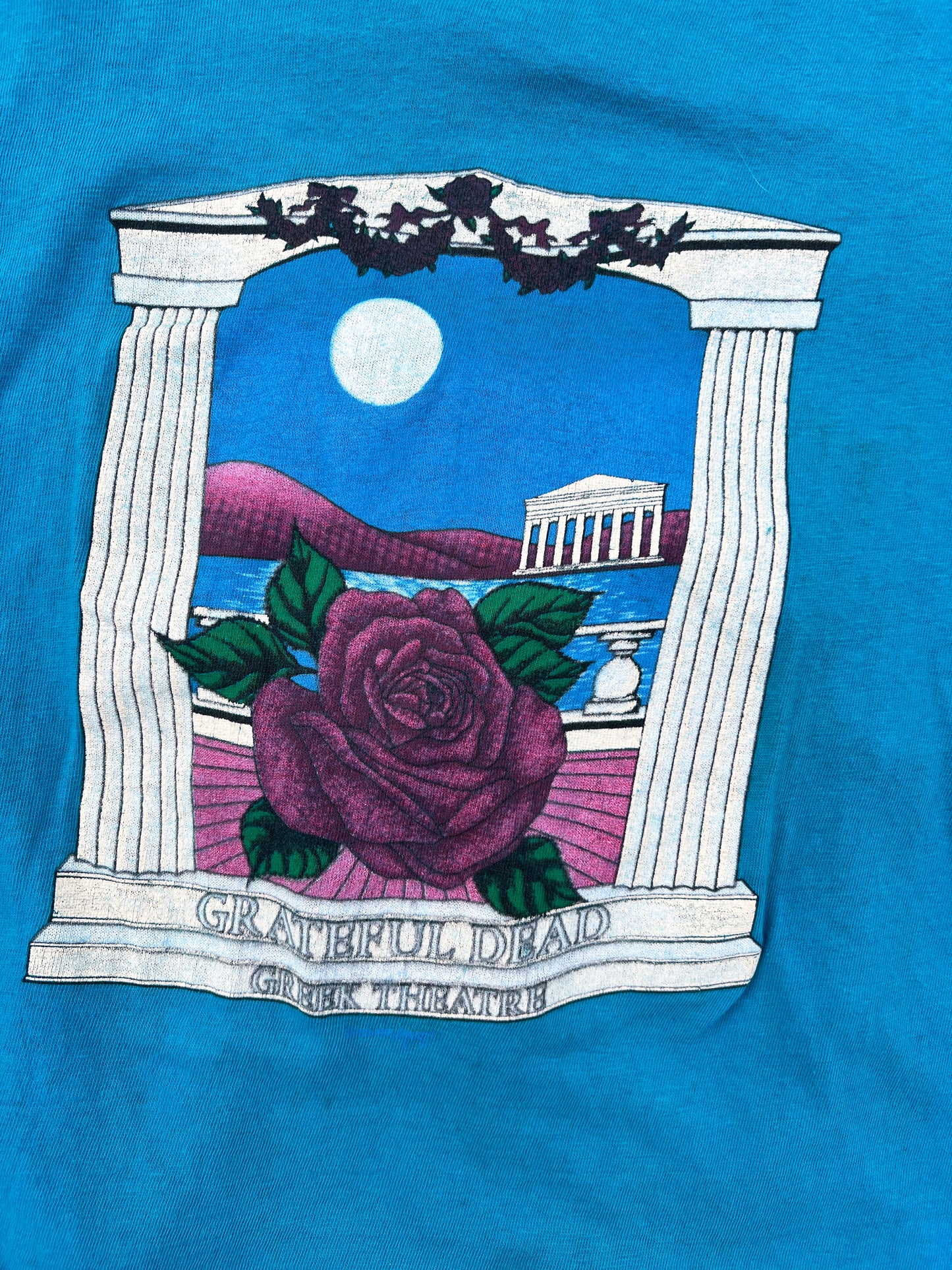 Vintage 80's Grateful Dead Greek Theatre "temple, rose, moon"  turquoise short sleeve shirt