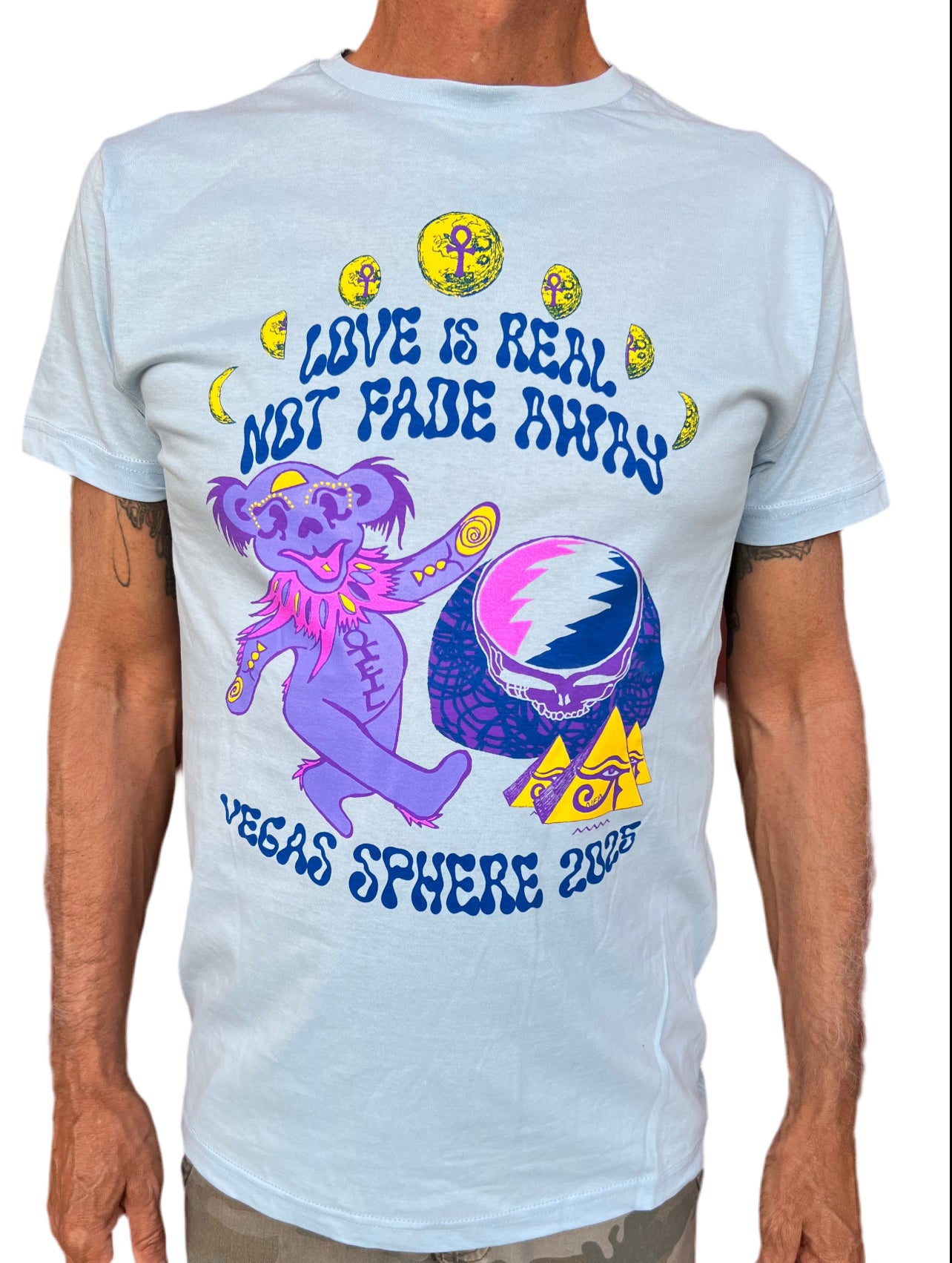 LOVE is REAL- NOT FADE AWAY Oteil Bear- blue short sleeve t-shirt