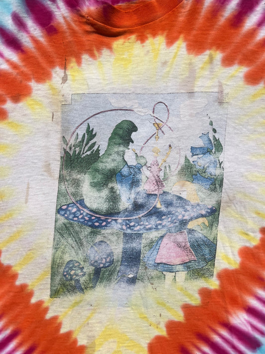 Vintage 1986 Alice in Wonderland Tie Dye with rose covered Peace sign shirt