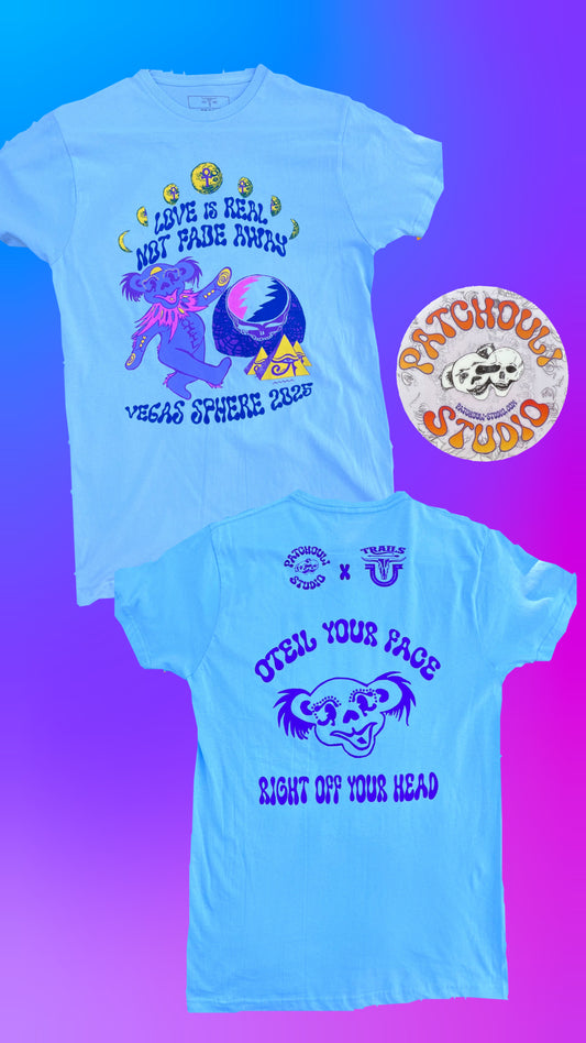 LOVE is REAL- NOT FADE AWAY Oteil Bear- blue short sleeve t-shirt