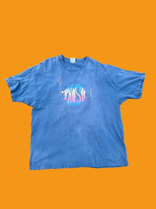 Vintage 90's Phish rainbow fish logo on faded blue black tour short sleeve shirt