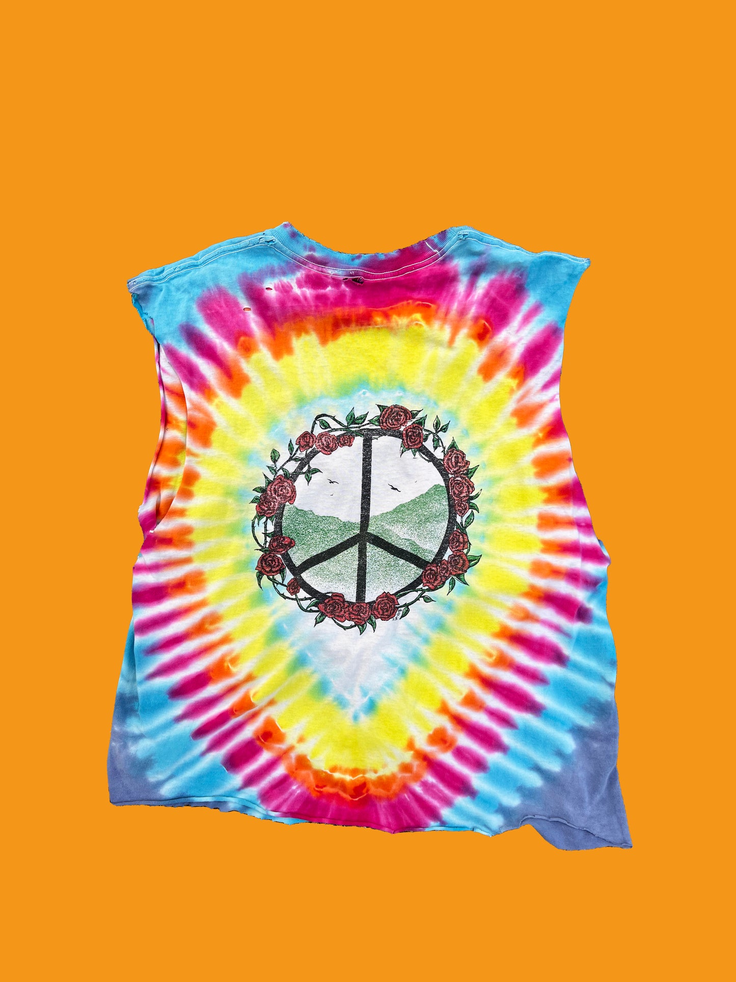 Vintage Alice in Wonderland Tie Dye with rose covered Peace sign custom cut sleeveless crop shirt