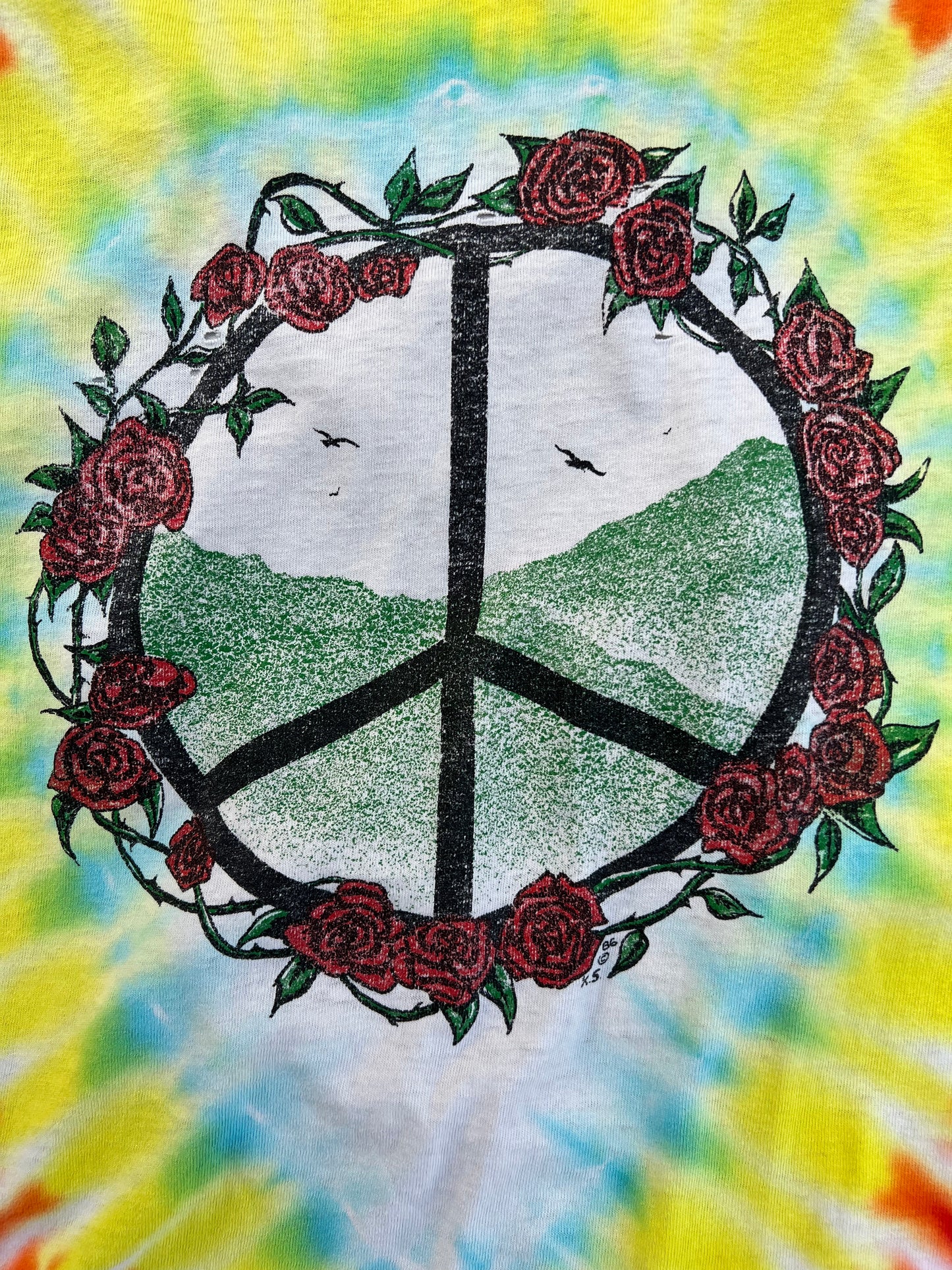 Vintage Alice in Wonderland Tie Dye with rose covered Peace sign custom cut sleeveless crop shirt