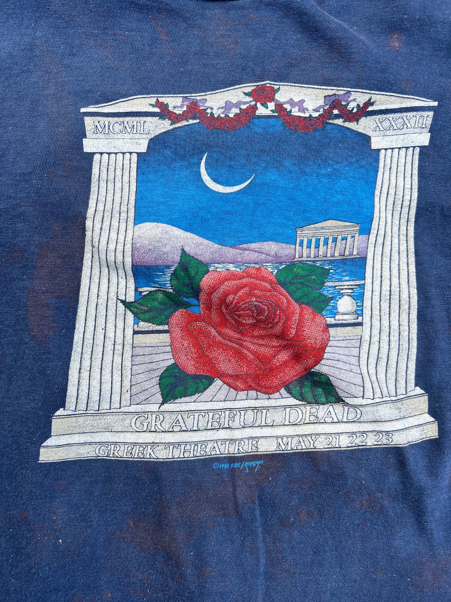 Vintage 80's Grateful Dead Greek Theatre "temple, rose, moon" dark blue short sleeve shirt