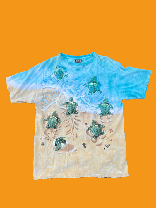 Vintage 1996 Liquid Blue Terrapin Turtles Beach Tie Dye short sleeve shirt