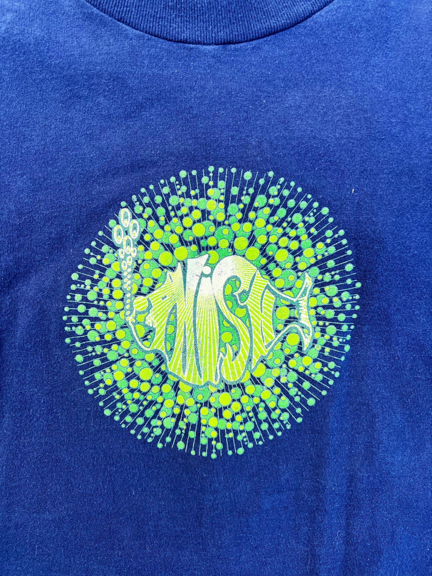 Vintage Phish dry goods green bubbly fish logo on blue tour short sleeve shirt